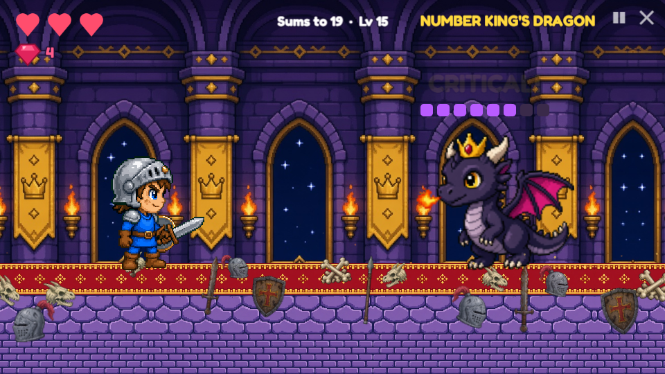 The hero faces the Number King's crowned dragon in the castle hall