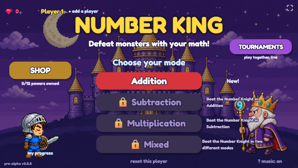 Number King title screen with the castle and game modes